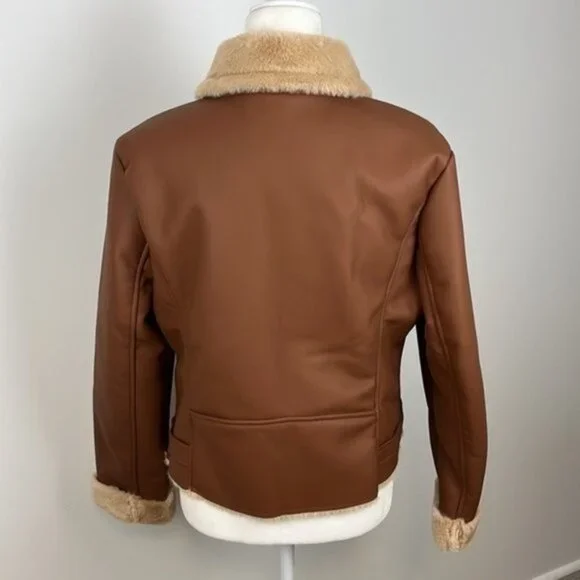 a.n.a. Brown Imitation Leather Coat with Faux Fur Size Large NWT - Picture 8 of 14